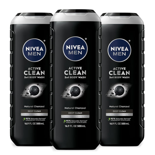 NIVEA Men Active Clean Stortjel met Natuurlike Houtskool vir Normale tot Olierige Vel, 3-in-1 Houtskool Stortjel, Gesig en Hare, Trek Vuil en Onreinhede Uit, 16.9 Fl Oz Bottel, Pak van 3