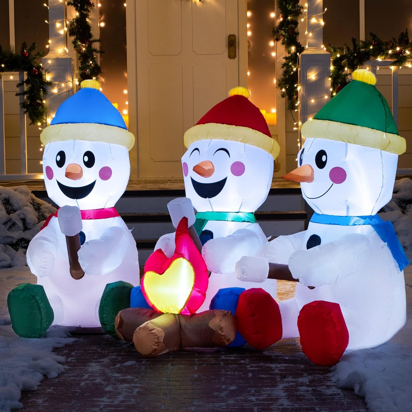 6 FT Long Christmas Inflatable Snowman w/ Campfire, 3 Pack Small Snowman Built-in LEDs Blow Up Yard Decoration