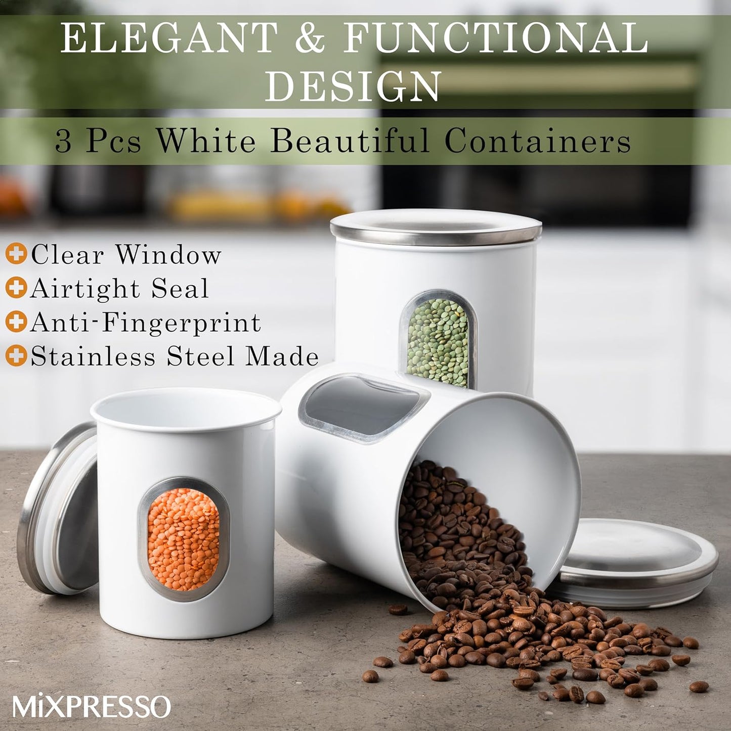 Mixpresso 3-stuk wit houerstelle vir die kombuis, lugdigte houerstel met deursigtige venster, stoorpotte vir koffiehouer, tee-organiseerder en suikerhouer, wit kombuishouers