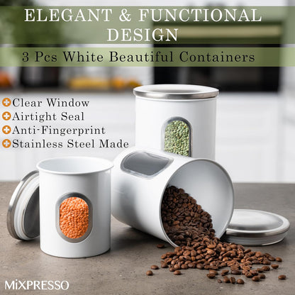 Mixpresso 3-stuk wit houerstelle vir die kombuis, lugdigte houerstel met deursigtige venster, stoorpotte vir koffiehouer, tee-organiseerder en suikerhouer, wit kombuishouers