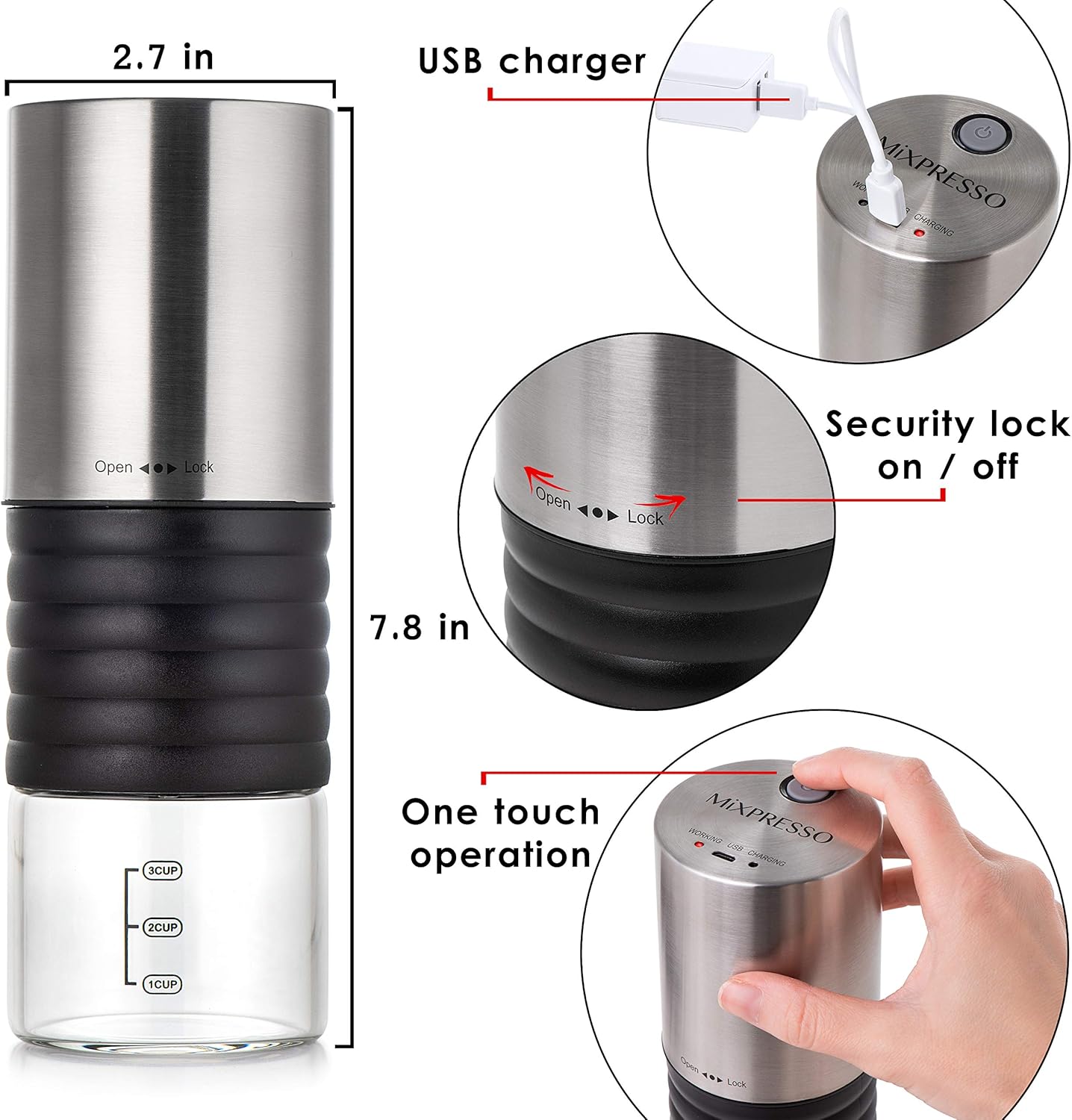 Mixpresso Elektriese Koffiemeul Met USB En Met Maklike Aan/Af-Knoppie, Koffieboontjiemeul & Speserymeul Vir Kruie, Neute & Graankorrels, Speserymeul.