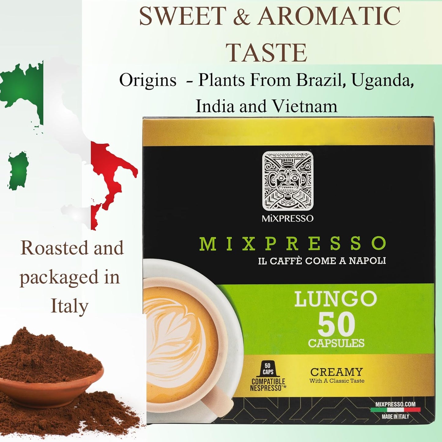 Mixpresso Lungo Koffie Espresso Kapsules Versoenbaar Met Nespresso Oorspronklike Brouers, Enkel Koppie Koffie Peule 100% Vanuit Italië, Donker R&ooml;sting 80% Arabica Espresso, 50 Tellings Koffie Kapsule Intensiteit 10/12