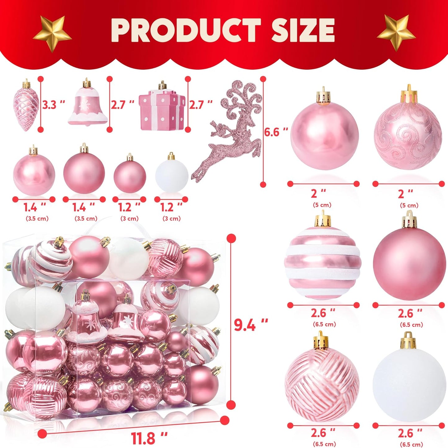 (66 PCS) Christmas Balls Ornaments Set, Pink Shatterproof Plastic Christmas Tree Ornaments Decoration