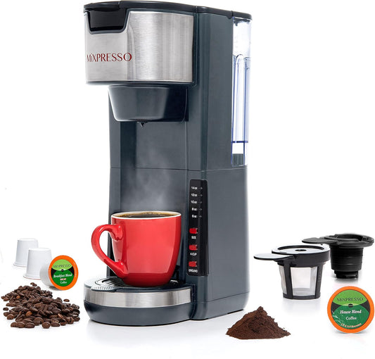 Mixpresso Grys Enkelbedien Koffiebrouer K-Cup Peule Versoenbaar & Gemaalde, 30 oz Kompakte Koffiemaker Enkelbedien Met 5 Brougroottes Tot 14 Oz, Pas Reismok, Verstelbare Drupbak