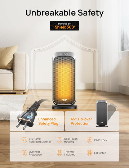 1500W Draagbare Elektriese Verwarmer met Afstandbeheer en Termostaat, PTC Keramiek, Veiligheidsverhitting met 70° Ossillasie, Stil, 12H Aanskakeltydhouer - Silwer
