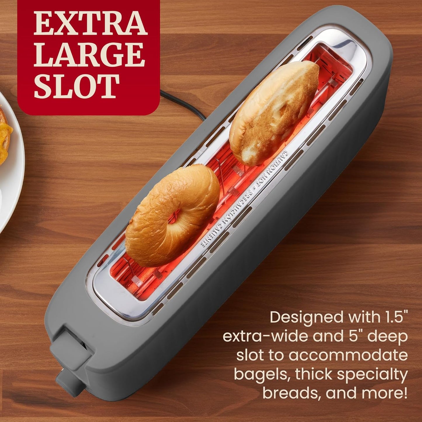 Gourmet Slim Broodrooster met Twee Langgleuwe, Koelaanraak-omhulsel, 6 Verbruiningsvlakke, Ekstra-wye 1.5" Gleuf vir Artisan Brood, Bagels, Wafels en Engelse Muffins - Grys