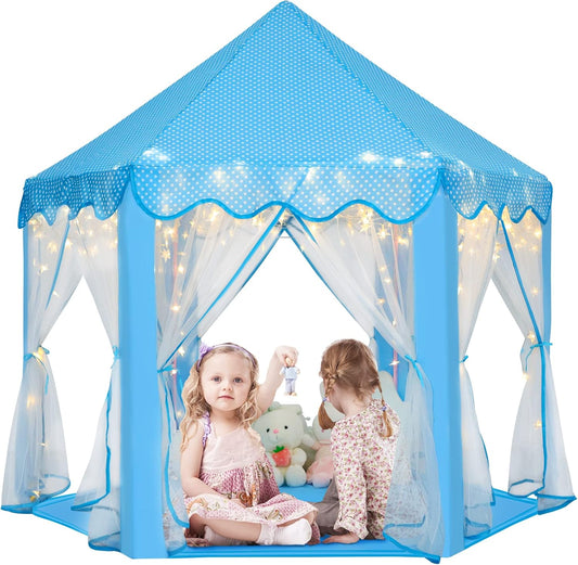 Monobeach Prinses Speel Tent Meisies Groot Speelhuis Kinders Kasteel Speel Tent met Sterretjie Liggie Speelding vir Kinders Binne- en Buitemuurse Speletjies, 55'' x 53'' (DxH) (Blou Prinses Tent met Sterretjie Liggies)