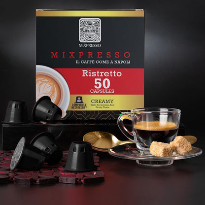 Mixpresso Koffie Ristretto Espresso Kapsules Versoenbaar Met Nespresso Oorspronklike Brouers, Enkel Koppie Koffie Peule 100% uit Italië Donkerbraai 80% Arabica Espresso, 50 Stuk Koffie Kapsule Intensiteit 12/12