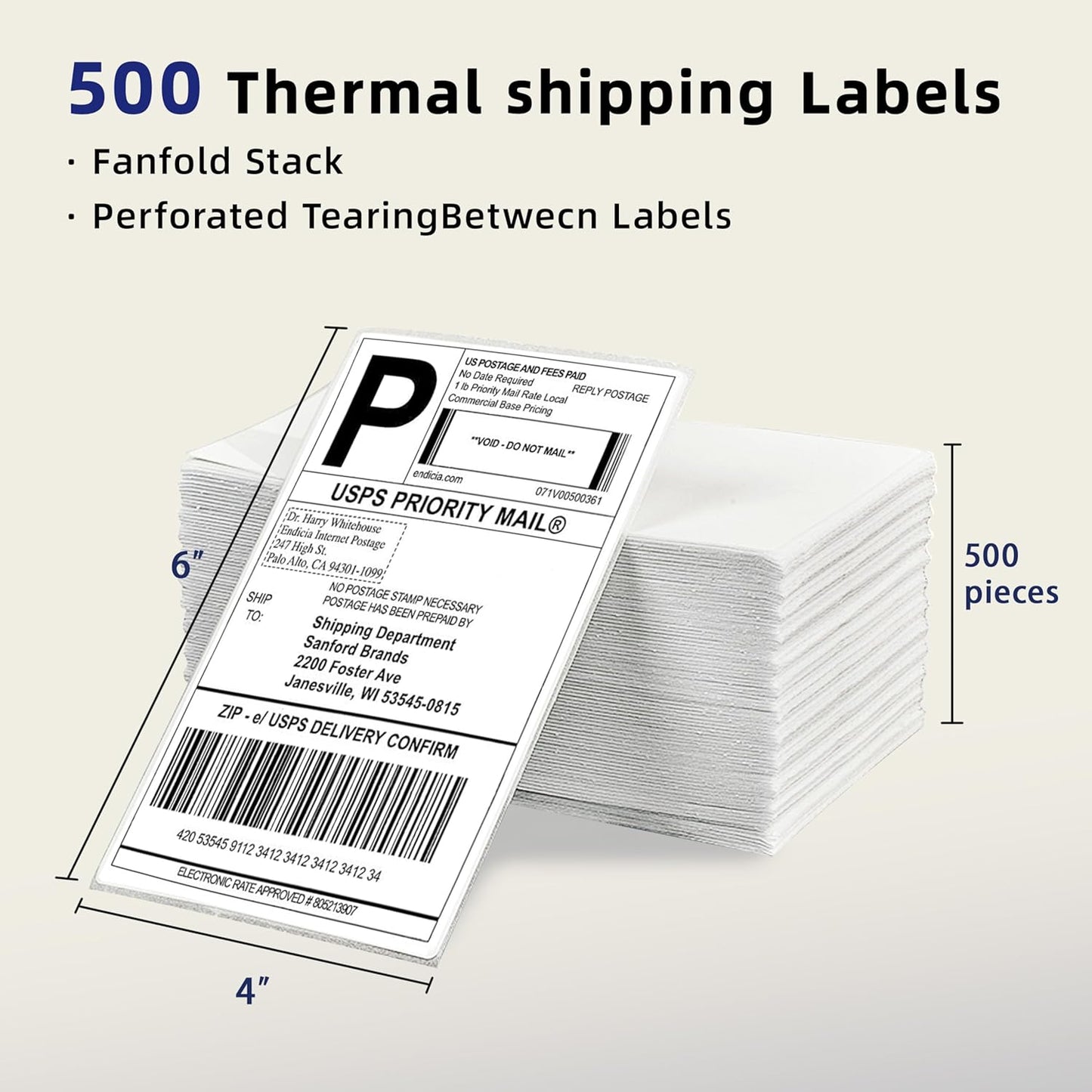 Waaierbalk 4x6" Versendingetikette Termiese Drukkerplakkers - (5000 Velle)