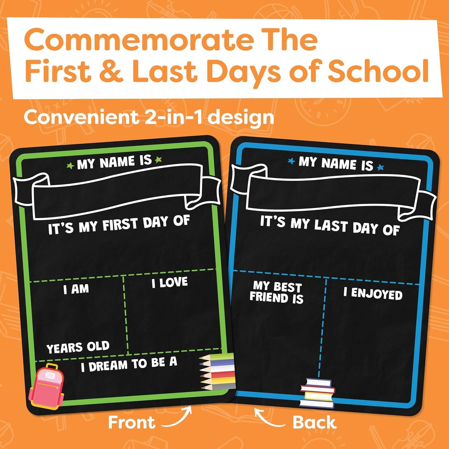 School Sign Board w/ Liquid Chalk Markers - 14x11” Double-Sided & Reusable - My First and Last Day - Back to School Supplies Board