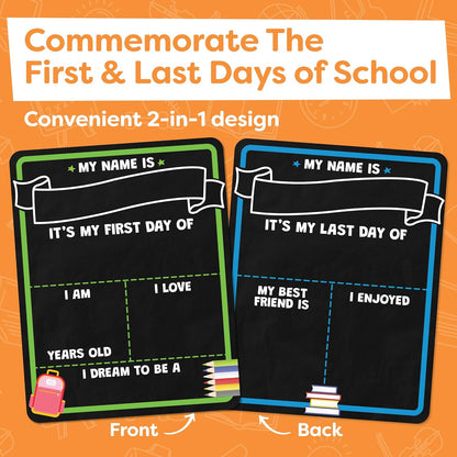 School Sign Board w/ Liquid Chalk Markers - 14x11” Double-Sided & Reusable - My First and Last Day - Back to School Supplies Board