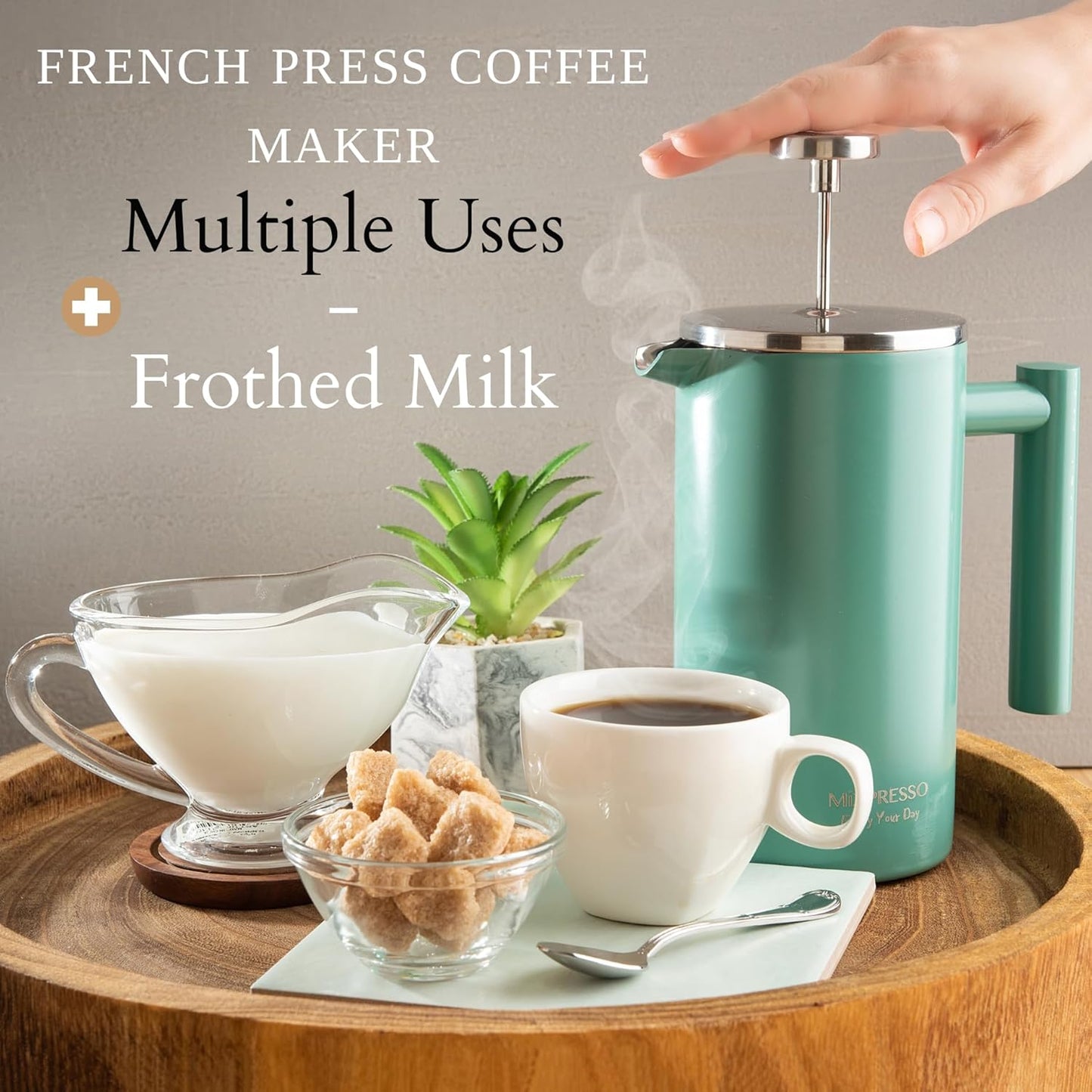 Mixpresso Groen Vlekvrye Staal Franse Pers Koffiemaker 770 ml, Dubbelwand Geïsoleerde Franse Pers Vlekvrye Staal, Maklik Skoon Teebrouer, Maklike Druk Duursame Metaal Koffiepers