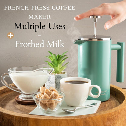 Mixpresso Groen Vlekvrye Staal Franse Pers Koffiemaker 770 ml, Dubbelwand Geïsoleerde Franse Pers Vlekvrye Staal, Maklik Skoon Teebrouer, Maklike Druk Duursame Metaal Koffiepers