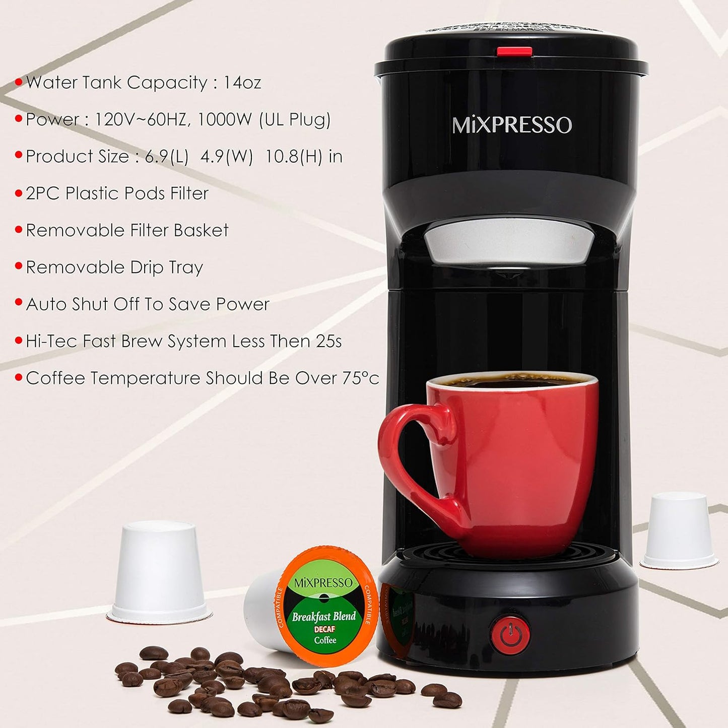 Mixpresso 2-in-1 Koffiemaker – Enkelbedien- en Filterkoffiebrouer, Kompakte Persoonlike Koffiemasjien vir Peule en Los Koffie, Vinnige Brou 414 ml Draagbare Klein Koffiemaker, Swart