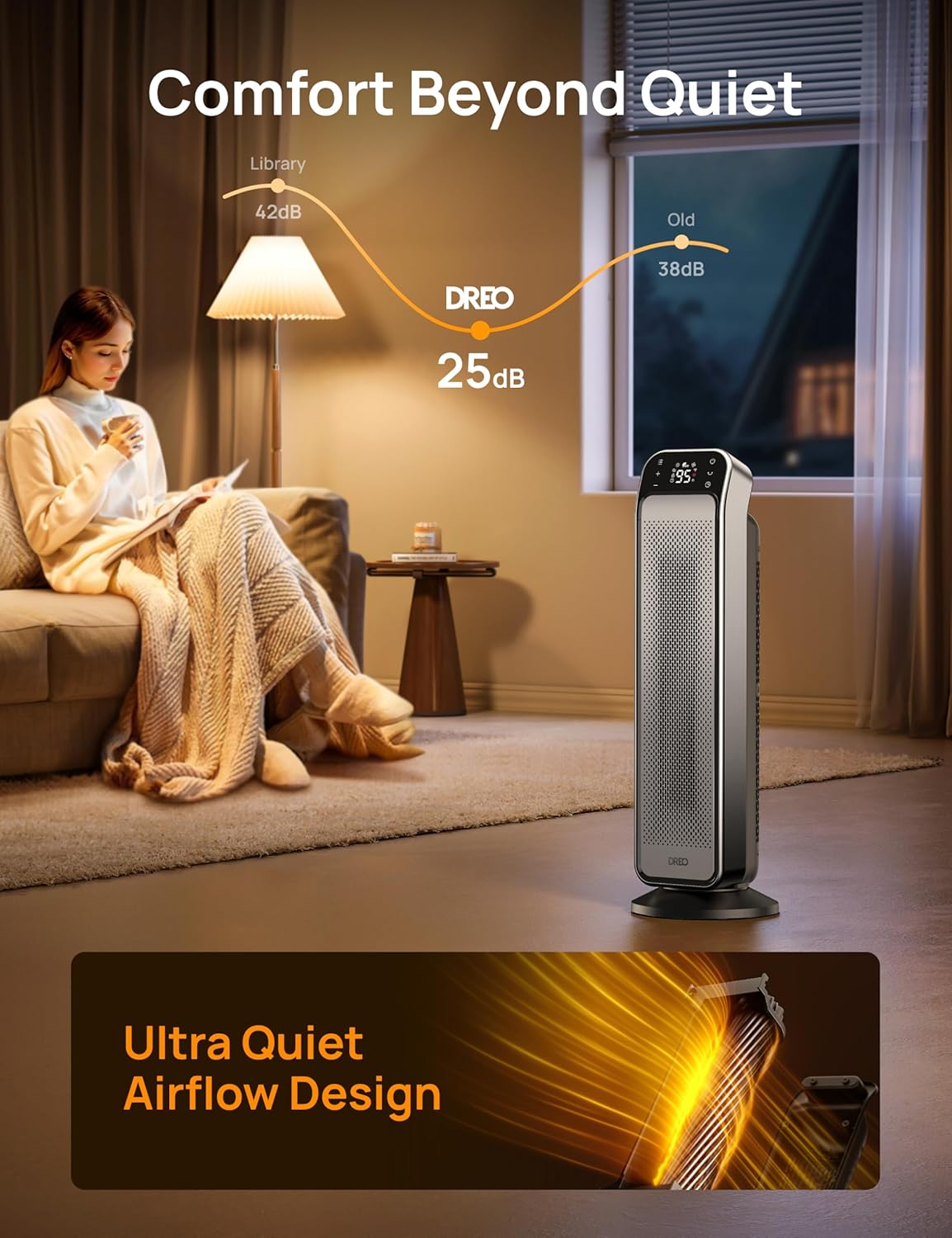 Verwarmer vir Binnenshuis, 25" 11.5vt/s Vinnige Draagbare Verwarmer met Afstandbeheer en Termostaat, 3 Modes vir Binnenshuise Gebruik Groot Vertrek - Silwer