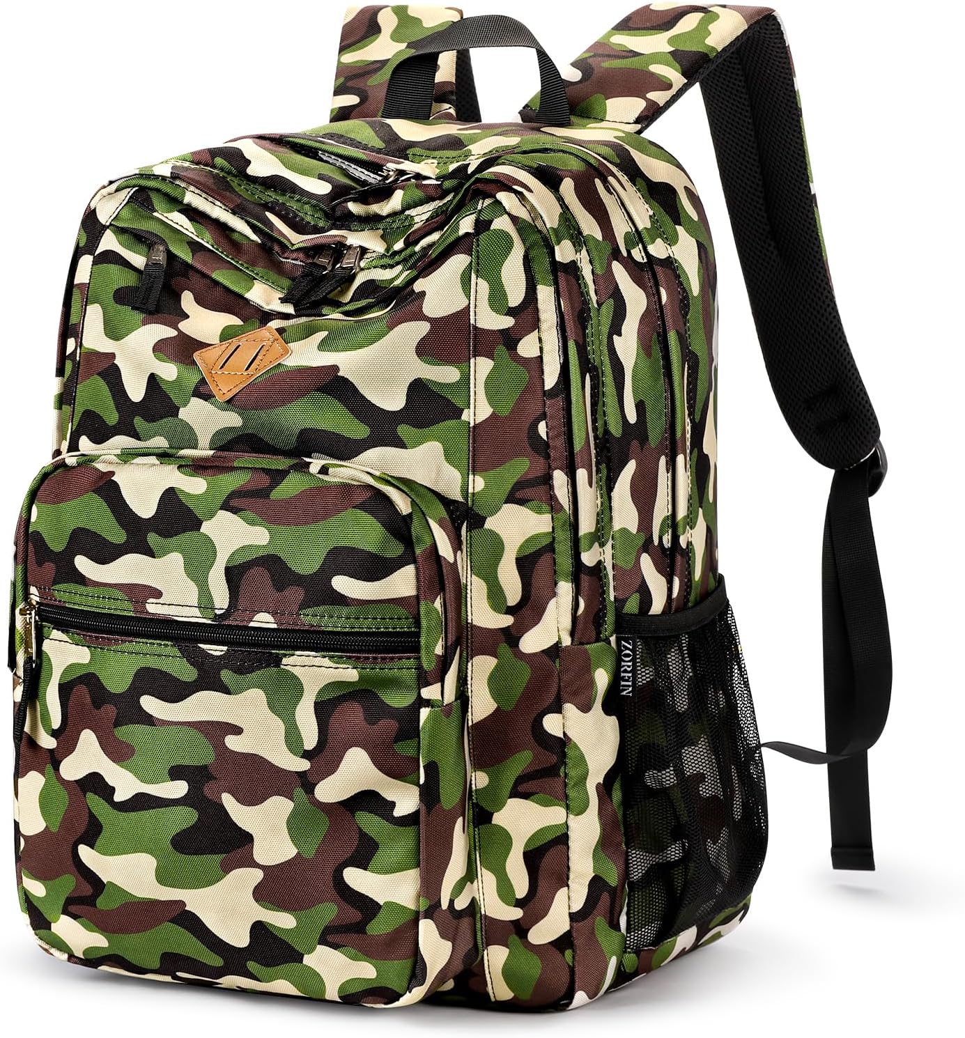 26L Backpack for School, College, and Travel: Water Resistant Bookbag with 8 Compartments - Buckshot Camo