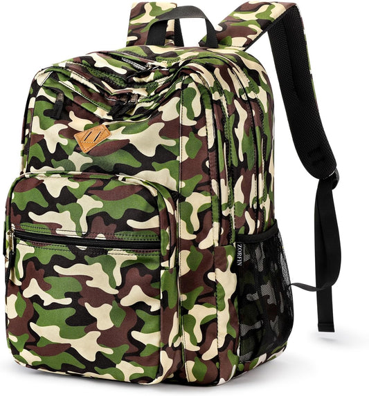 26L Rugsak vir Skool, Kollege en Reis: Waterbestande Boeksak met 8 Kompartemente - Buckshot Camo