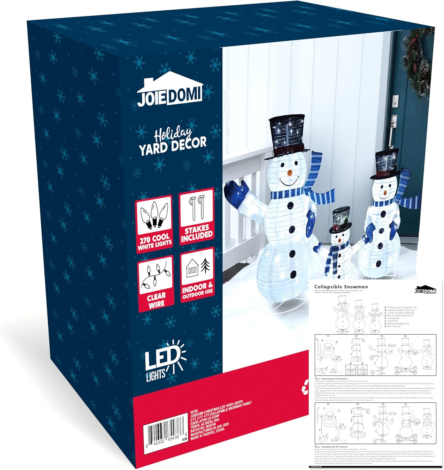 3 STUKE 3D Kersfees Opvoubare Sneeuman Tuinlig 270 Voorafverligte LED Koele Wit Liggie - Blou Serp