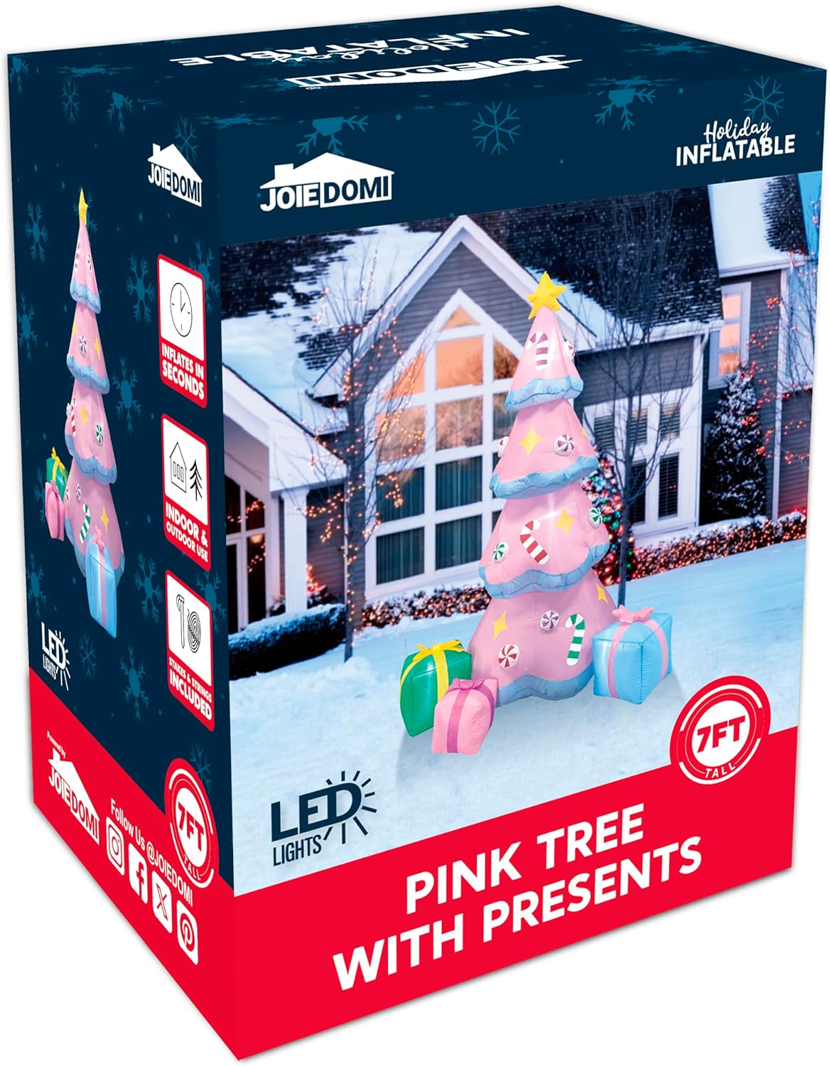 7 FT Tall Christmas Pink Tree Inflatables Outdoor Decoration w/ 3 Gift Boxes, Build-in LEDs