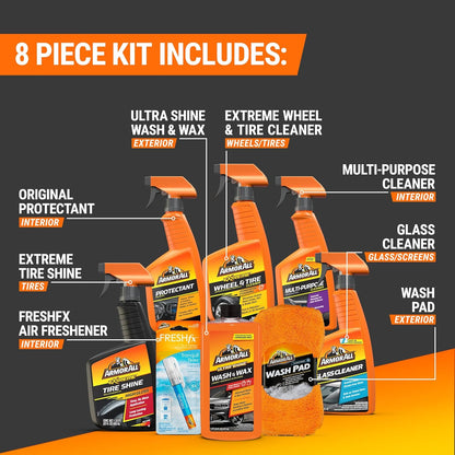 Armor All Premier Motorversorgingskit, Sluit Motorwas- en Wasstel, Glasreiniger, Motorlugverfrisser, Band- en Wielsuiwerer in - (8 Stuk Kit)