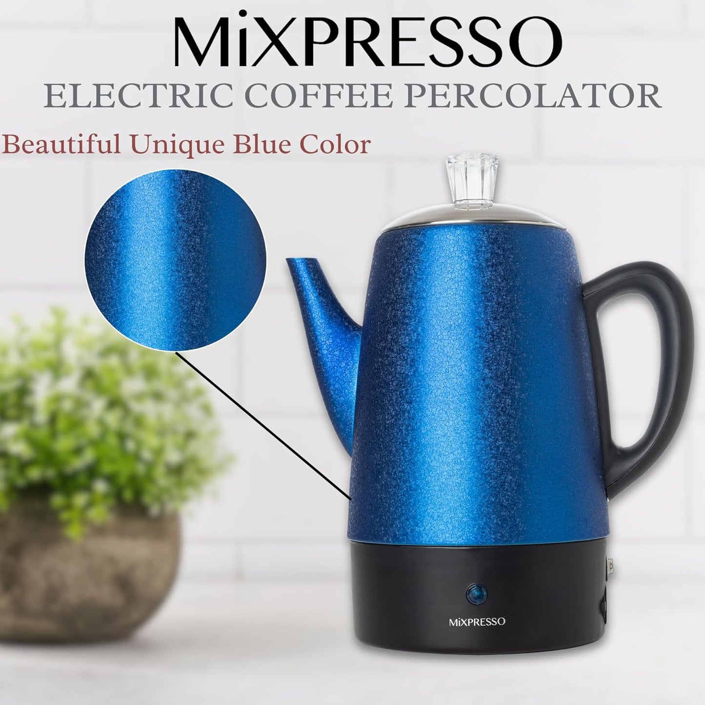 Mixpresso 10 Koppie Elektriese Perkolator Koffiepot, Vlekvrye Staal Elektriese Koffieperkolator Met Warmhoufunksie, Klassieke Perkolatorpot Met Verwyderbare Mandjie vir Huis of Kantoor - Blinkblou