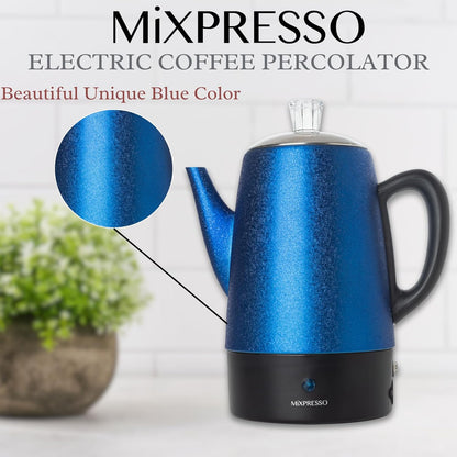 Mixpresso 10 Koppie Elektriese Perkolator Koffiepot, Vlekvrye Staal Elektriese Koffieperkolator Met Warmhoufunksie, Klassieke Perkolatorpot Met Verwyderbare Mandjie vir Huis of Kantoor - Blinkblou