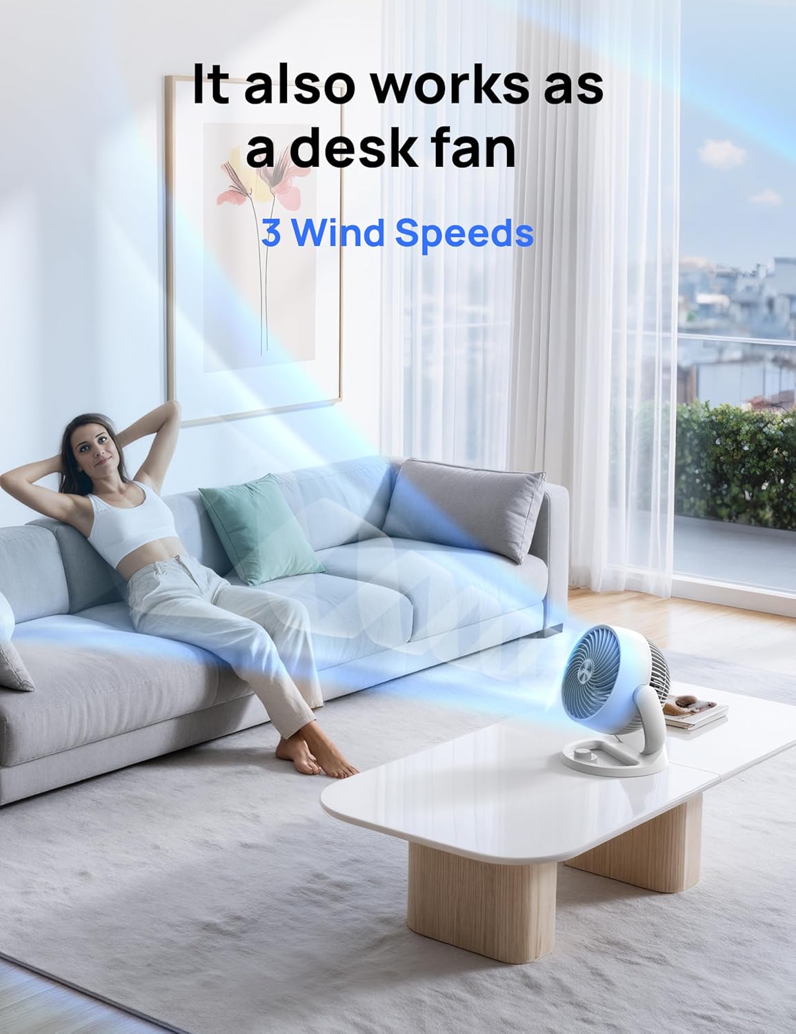 12" Lessenaarwaaier 70vt Kragtige Lugvloei, 28db Stil Tafel Lugresirkuleerder vir Hele Kamer, 120° Verstelbare Kanteling, 3 Spoed - Wit