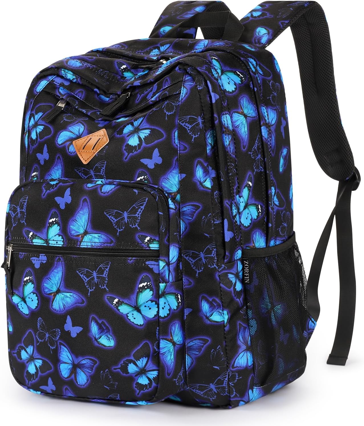 26L Backpack for School, College, and Travel: Water Resistant Bookbag with 8 Compartments - Butterfly Black