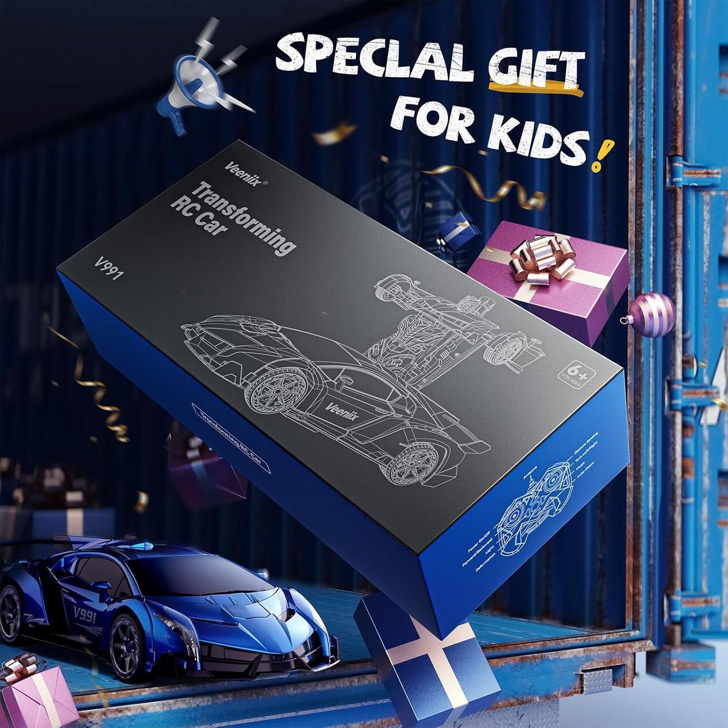 V991 Transform Remote Control Big Size, 2 Rechargeable Batteries for 70Min, 2.4GHz Gesture Sensing, One-Key Deformation, Robot Toys - (Blue)