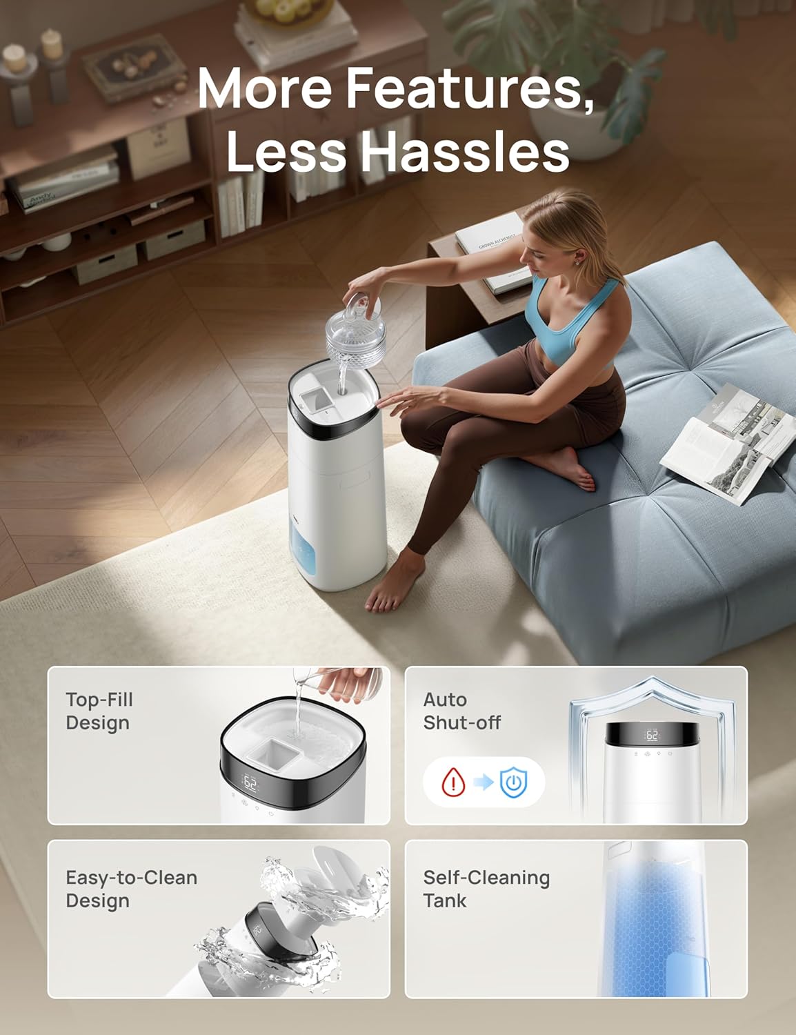 16L Slim Bevochtiger Groot Kamer 1000 vt², 130H Kouemis Lugbevochtigers Bo-vul, Afstandbeheer/Raak/Stem & APP-beheer, Selfreinigende Tenk, 30dB, RGB Lig - Wit