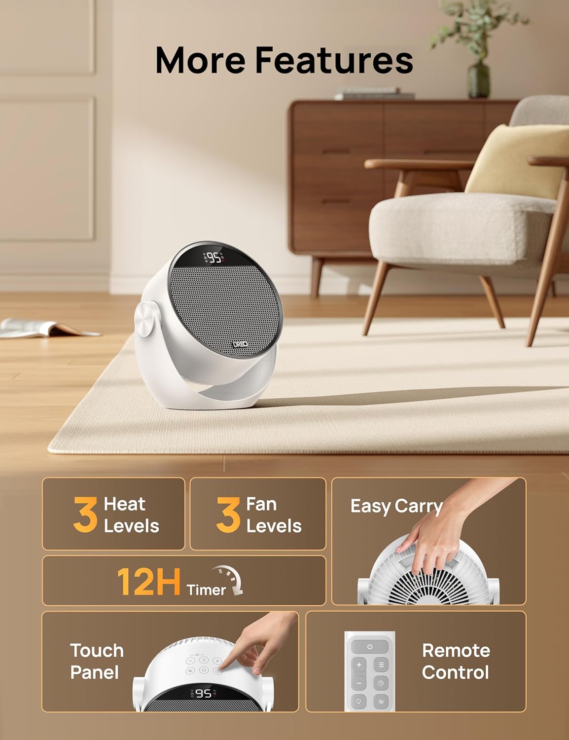 Ruimteverwarmer 1500W, 60° Verstelbare Kanteling, 3.2m/s Draagbare Elektriese Verwarmers vir Binnenshuise Gebruik met Termostaat, 8 Veiligheidsbeskermings, 3 Modes, Afstandbeheer - Wit