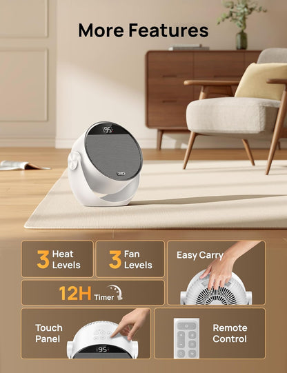 Ruimteverwarmer 1500W, 60° Verstelbare Kanteling, 3.2m/s Draagbare Elektriese Verwarmers vir Binnenshuise Gebruik met Termostaat, 8 Veiligheidsbeskermings, 3 Modes, Afstandbeheer - Wit