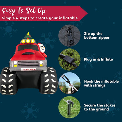 (7FT) Long Christmas Inflatable Santa Driving Truck with Christmas Tree, Blow Up Santa on Truck with Build-in LEDs for Xmas Party Decor Yard Outside Garden Holiday Decoration