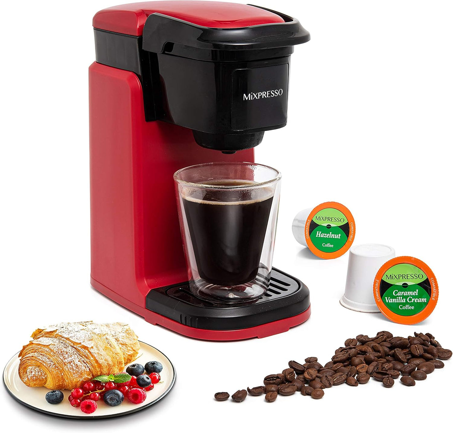 Mixpresso Enkelkoppie Koffiemaker, Persoonlike Enkelbedien-Koffiebroumasjien, Versoenbaar met Enkelkoppies, Vinnige Brou-Tegnologie, Een-Raak Funksie Rooi Koffiemaker, 355ml Enkelkoppie Koffiemaker