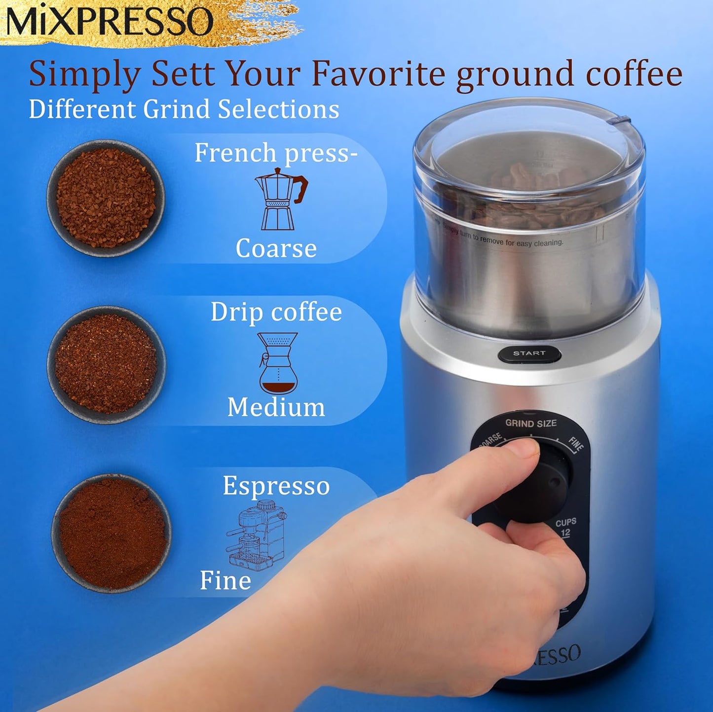 Mixpresso Elektriese Koffiemeul 12 Koppie Kapasiteit, 304 Vlekvrye Staal Lem, Espressoboonmeul, Verwyderbare Kamer, Elektriese Koffiemeul met 5 Voorafinstellings Vir Speserye en Meer