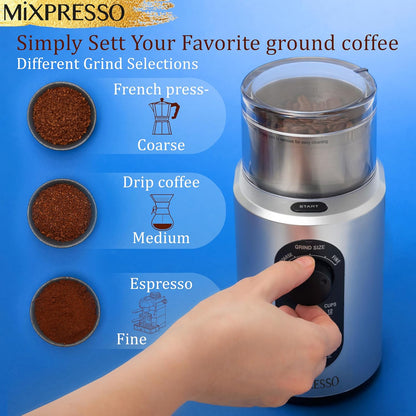Mixpresso Elektriese Koffiemeul 12 Koppie Kapasiteit, 304 Vlekvrye Staal Lem, Espressoboonmeul, Verwyderbare Kamer, Elektriese Koffiemeul met 5 Voorafinstellings Vir Speserye en Meer