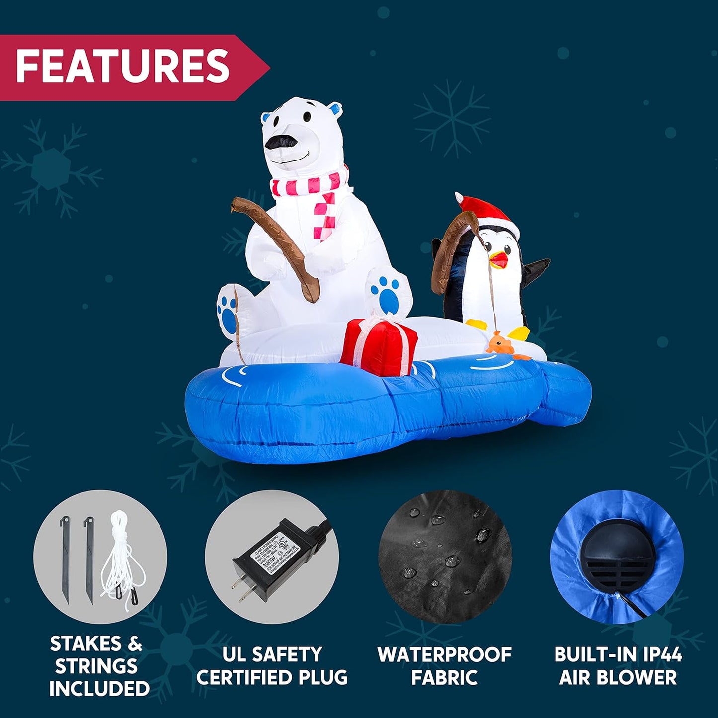 (6FT) Long Christmas Inflatable Polar Bear Fishing w/ Penguin Decoration, Blow Up w/ Built-in LEDs