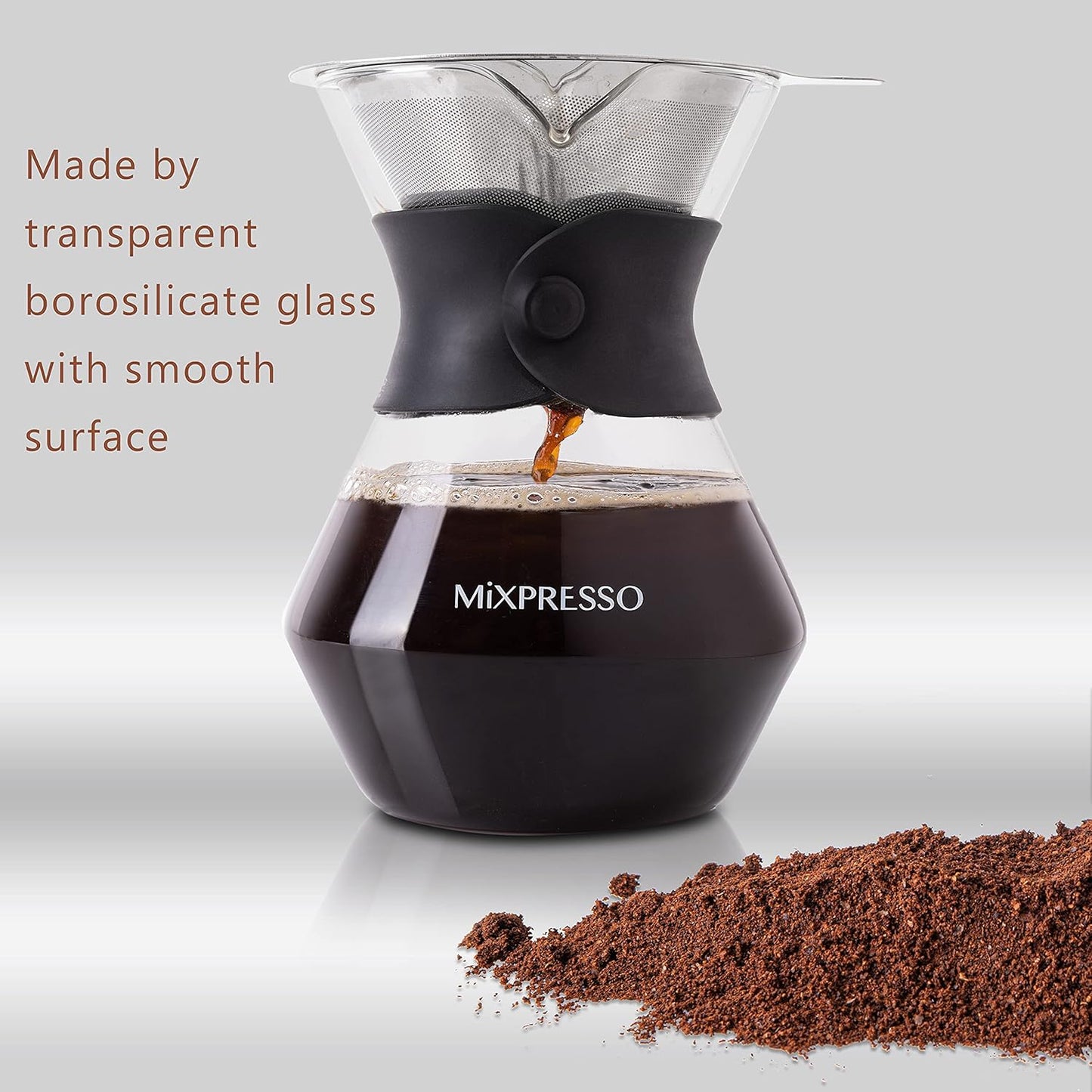 Mixpresso Pour Over Koffiemakerstel Glaskaraf Borosilikaat Wit Beskermende Silikoonmou, Pour Over Koffie-drupperbrouer Met Dubbellaag Vlekvrye Staal Filter 13.5 Oz