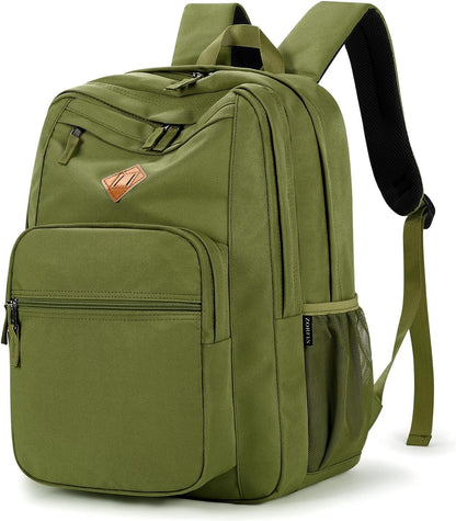 26L Backpack for School, College, and Travel: Water Resistant Bookbag with 8 Compartments - Army Green