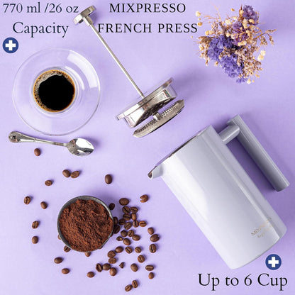 Mixpresso Ligblou Vlekvrye Staal Franse Pers Koffiemaker 26 Oz 770 ml, Dubbelwand-geïsoleerde Franse Pers Vlekvrye Staal, Maklik Skoon Teebrouer, Maklike Druk Duursame Metaalkoffiepers
