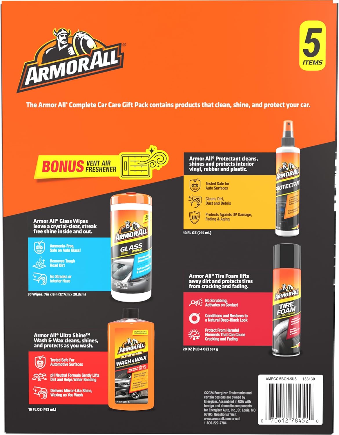 Armor All Car Wash en Car Cleaner Kit - Sluit Glasdoeke, Car Wash & Wax Konsentraat, Beskermingssproei en Bandskuim in
