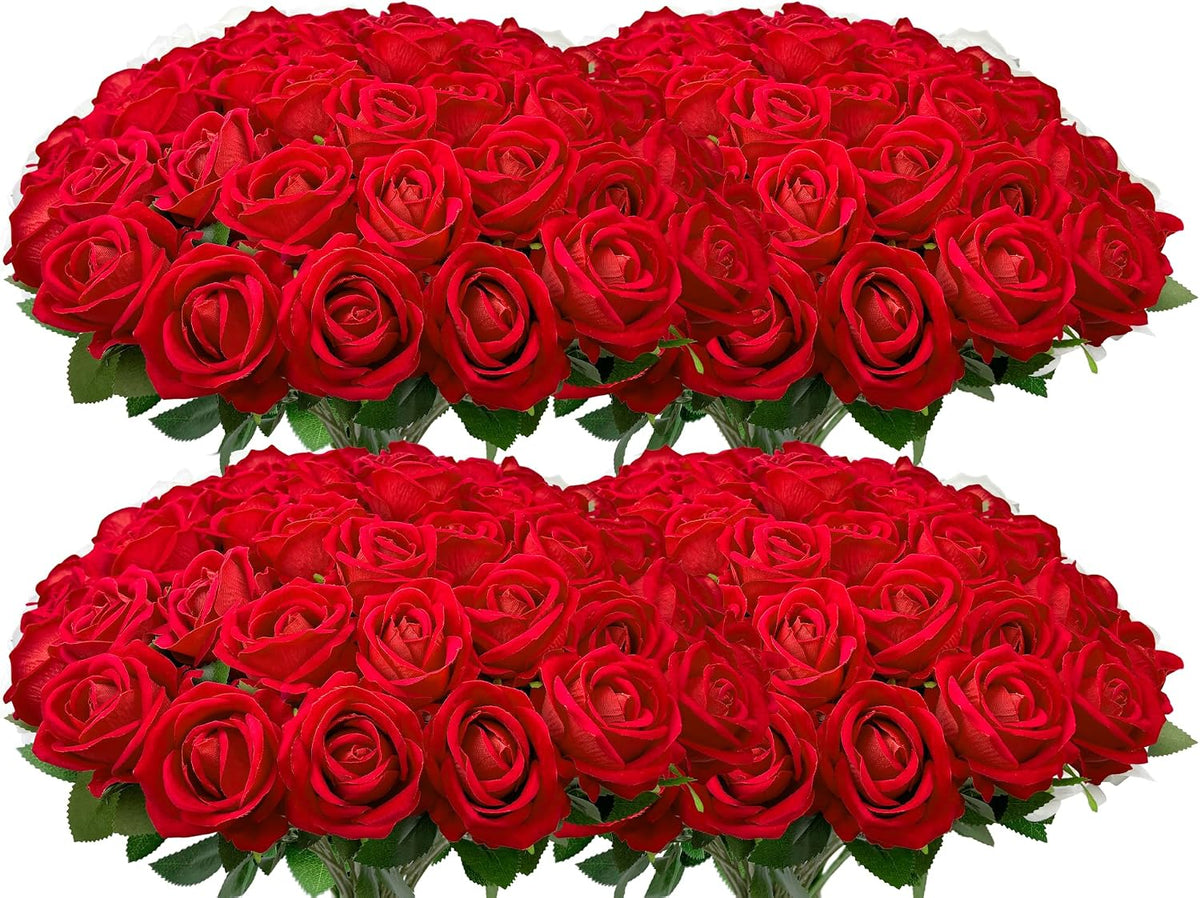100 PCS Bulk Artificial Flowers,Fake Velvet Silk Red Roses with Long Stems