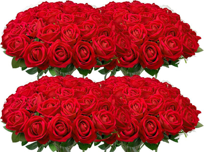 100 PCS Bulk Artificial Flowers,Fake Velvet Silk Red Roses with Long Stems