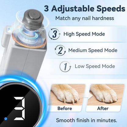 2-in-1 Stil Elektriese Troeteldier Naelskêr/Slyper met Lig vir Honde Katte Dubbele LED-ligte, 3-spoed slyper, Spatweerkaatser vir naelknip, Tipe-C Herlaaibaar - (Grys)