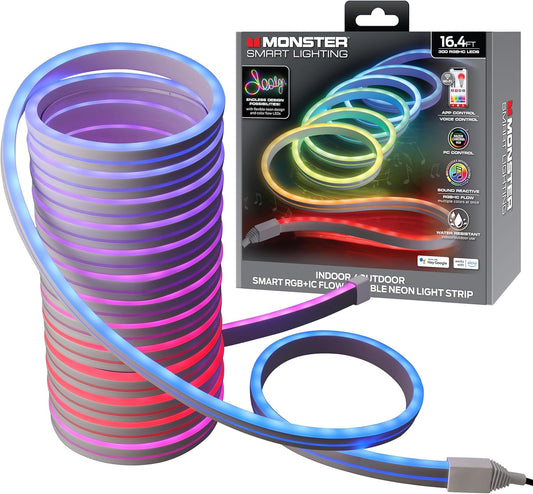 Monster Slim Neon LED-ligstrook, 4,9 m RGB+IC Wi-Fi LED-toulig, Waterbestand vir buite en binne, Versoenbaar met Alexa Google Home en Siri, Toepassing- en stembeheer, Klankreaktief, Buigsaam