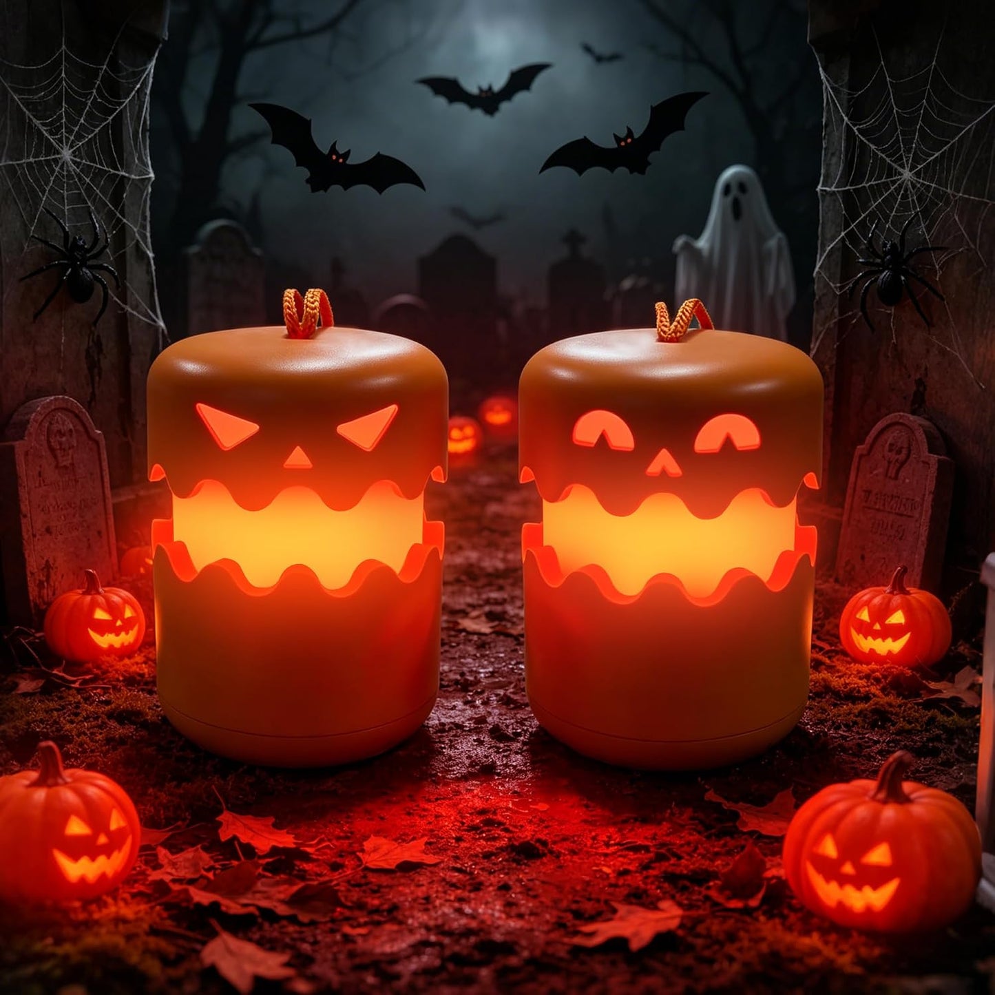 LED Halloween Pumpkin Lantern 2 Pack，Jack O Lantern with Lanyard