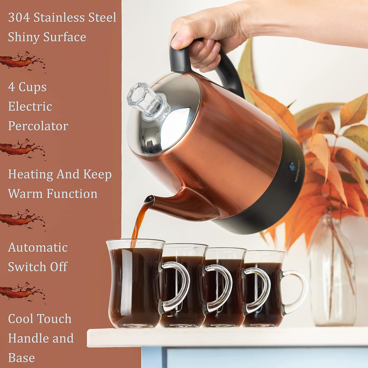 Mixpresso Elektriese Koffieperkoleerder Koperliggaam met Vlekvrye Staal Deksel Koffiemaker, Perkoleerder Elektriese Pot - 4 Koppies, Koper Kampkoffiepot