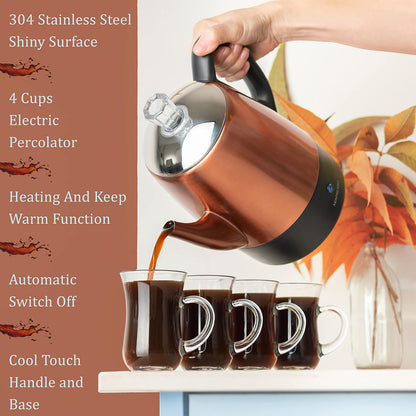 Mixpresso Elektriese Koffieperkoleerder Koperliggaam met Vlekvrye Staal Deksel Koffiemaker, Perkoleerder Elektriese Pot - 4 Koppies, Koper Kampkoffiepot