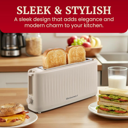 Gourmet Slim Toast 2-Sny Langgleufbroodrooster, Koel-aanraking Liggaam, 6 Roostersterkte-skakerings, Ekstra-wye 3.8 cm Gleuf vir Artisan Brood, Bagels, Wafels & Engelse Muffins – Cremello