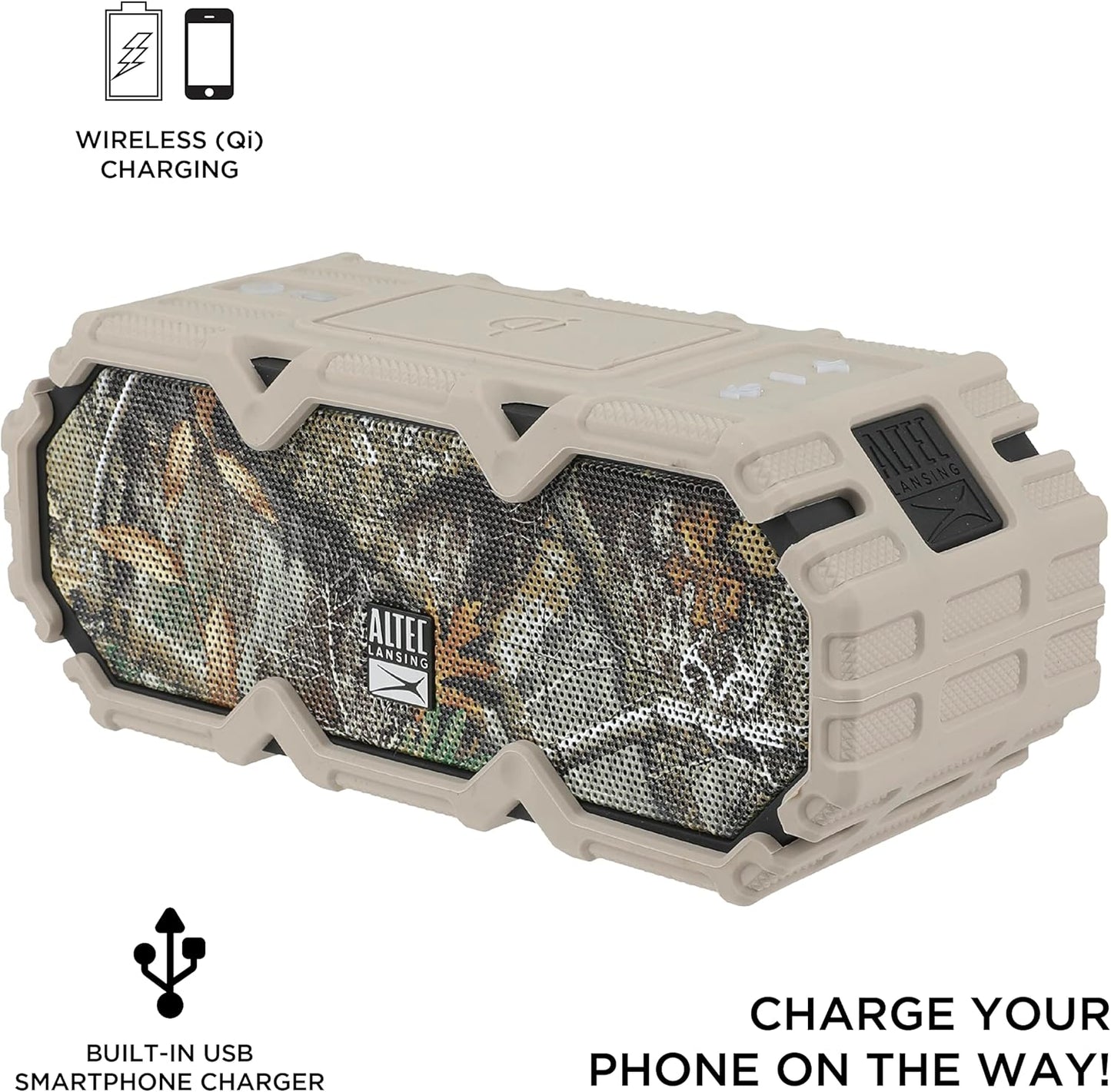 Altec Lansing x Realtree® IMW580 Draagbare Stewige Bluetooth-luidspreker Qi Draadlose Laai, 20 Uur Batterylewe, Swaardiens, Waterdig, LED-ligte, 100FT Draadlose Bereik en Stemassistent